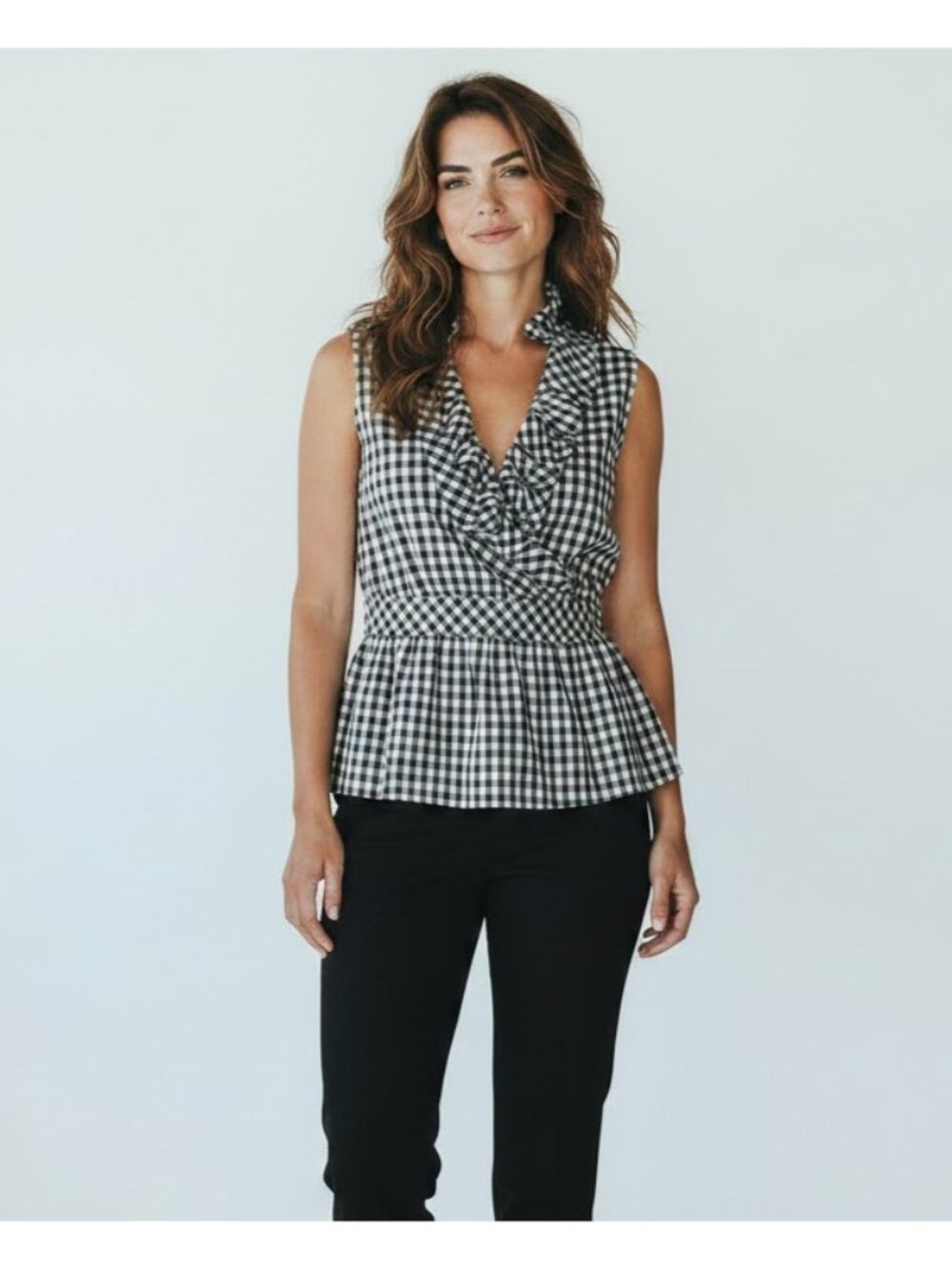 Lafayette 148 Black White Gingham Sleeveless Ruffle Collar Top Womens 10 Zipper